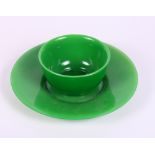 A Peking green glass bowl, 4" dia, and a matching plate, 7 3/4" dia