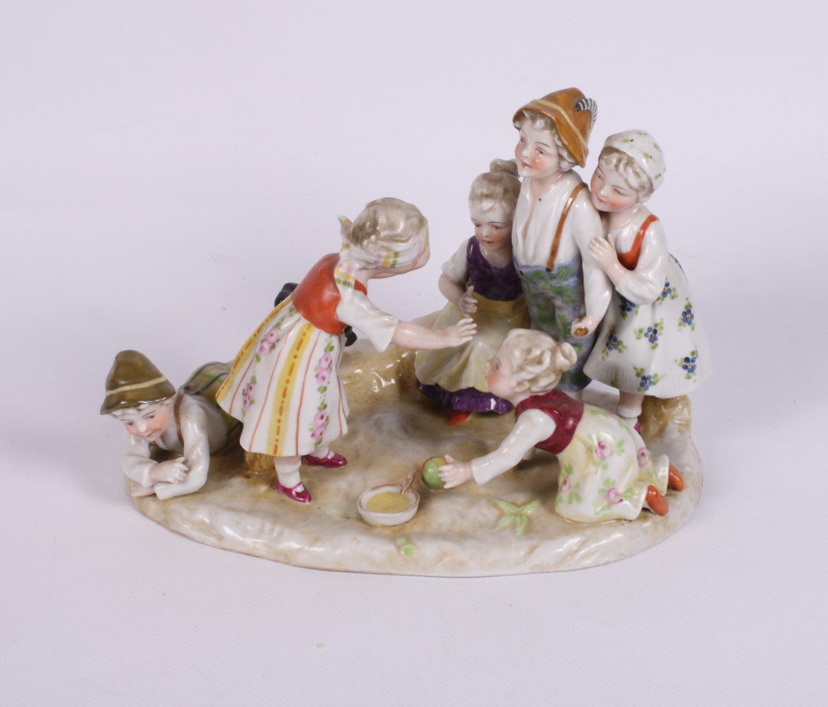 A continental porcelain group of children playing 'blind man's buff', 5" high, a continental - Image 2 of 3