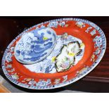 A 19th Century chinoiserie decorated oval meat plate, a Herend enamel shaped dish, a Chinese blue