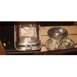 A silver backed hair brush, a clothes brush and a hand mirror, a fitted cruet set case, a plated