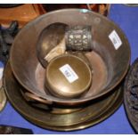 An Uncle Tom Cobley brass tray, an oriental brass tray and other items of metal wares