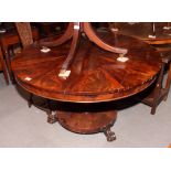 A Victorian flame figured mahogany circular tilt top dining table, on faceted column and circular
