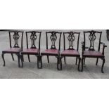 A set of five mahogany dining chairs of Chippendale design with pierced splat backs and drop-in