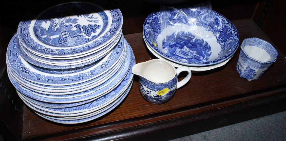 An Abbey pattern blue and white fruit bowl and other decorative blue and white china