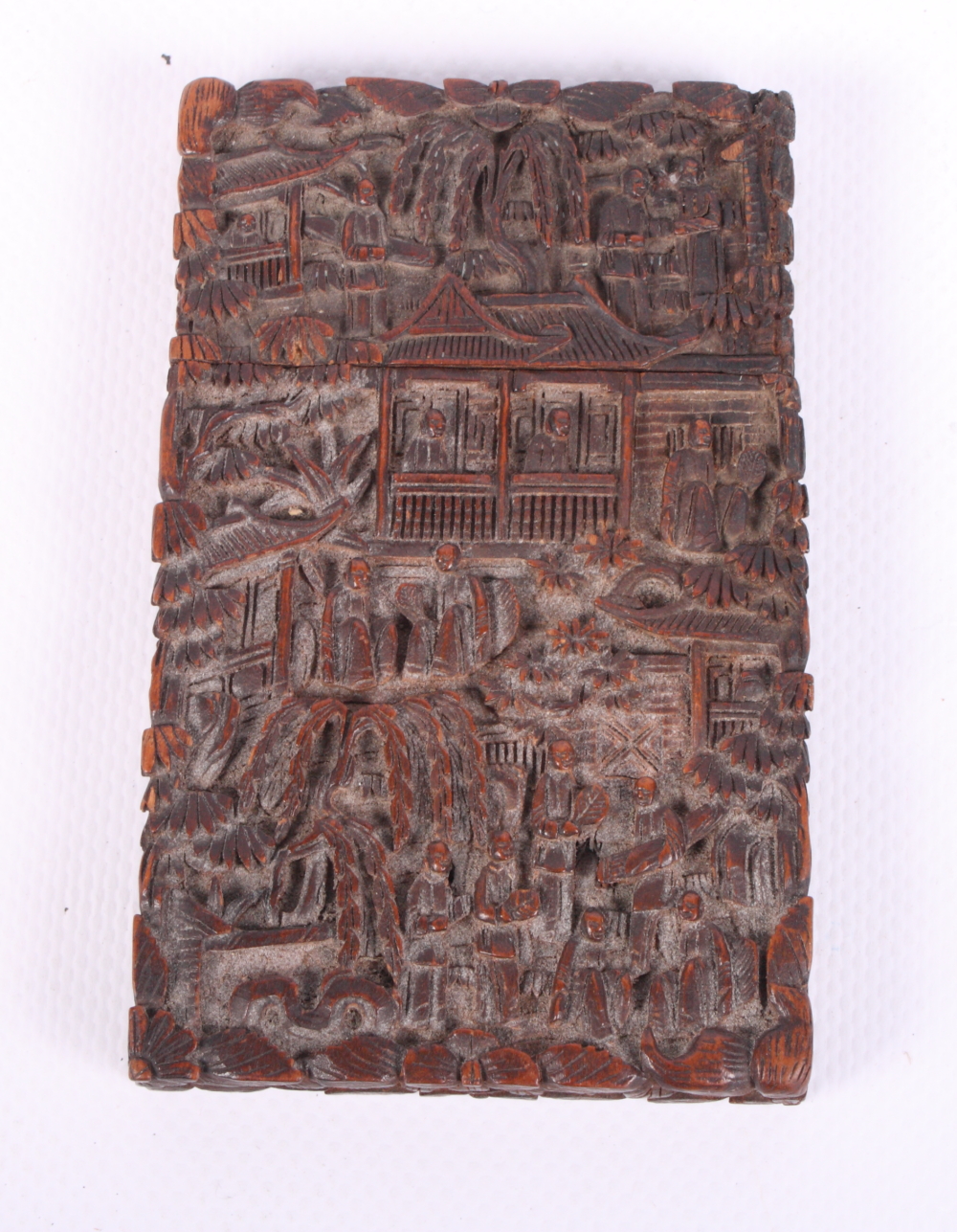 A 19th Century Cantonese carved hardwood visiting card case with figures in a landscape, 4 1/2" - Image 2 of 2