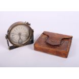 A japanned brass folding sighting compass retailed by C Baker High Holborn London, in leather