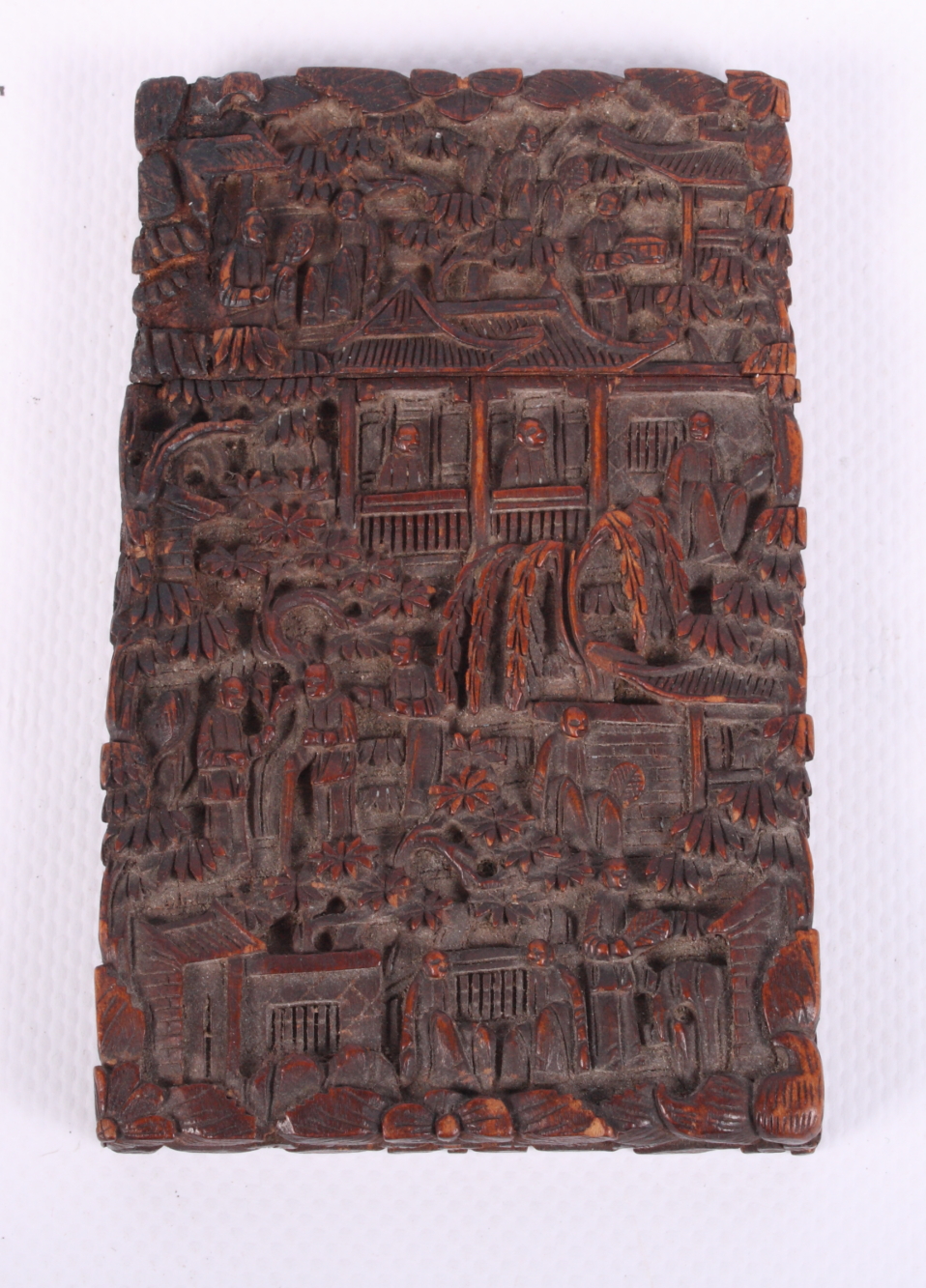A 19th Century Cantonese carved hardwood visiting card case with figures in a landscape, 4 1/2"