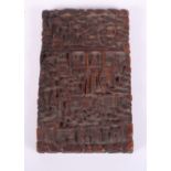 A 19th Century Cantonese carved hardwood visiting card case with figures in a landscape, 4 1/2"