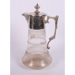 An Edwardian engraved glass claret jug with engraved silver plated mount, the handle and spout