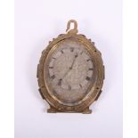 A 19th Century brass cased strut clock with floral engraved silvered dial with Roman numerals, the