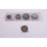 William IV: two 1835 half-crowns, an 1834 penny, an 1831 halfpenny and a farthing