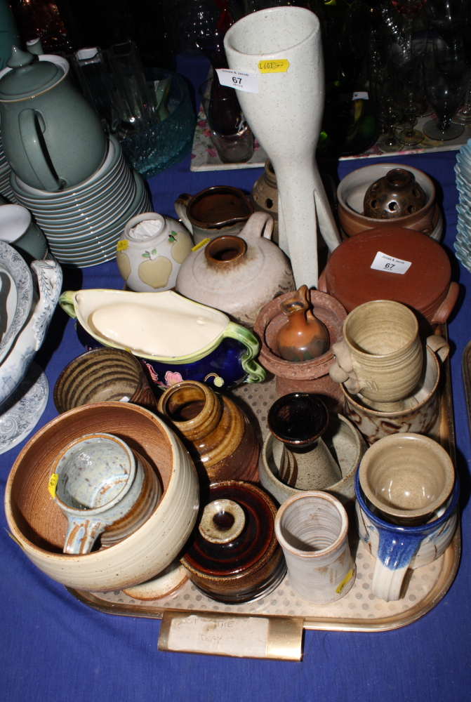 A collection of studio pottery vases and bowls, etc