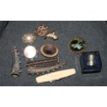 Two Chinese enamelled filigree fingernail guards mounted as brooches and a small collection of