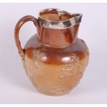 A 19th Century stoneware and silver mounted harvest jug, 7 1/2" high (handle riveted, chip to rim)