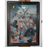 A Chinese reverse painted on glass, eight deities, 19" x 13", in carved hardwood frame