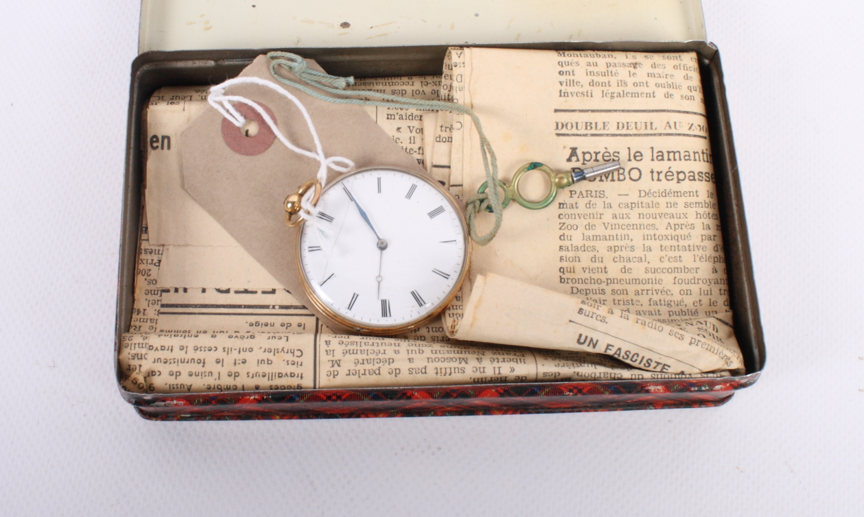 A Swiss 18ct gold cased full hunter pocket watch with white enamel dial and subsidiary seconds dial