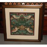 After William Morris: a modern tapestry panel, "The Strawberry Thieves", in hardwood strip frame,