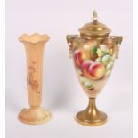 A Royal Worcester bone china floral decorated two-handled vase with fruit designed by Roberts?,