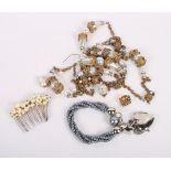 A white and gilt metal hair piece mounted simulated pearls, a pair of pearl earrings, a bracelet and