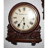 A 19th Century polished as mahogany and carved wall clock with fusee movement and painted dial by