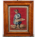 A 19th Century petit point and gros point panel, street vendor, 8" x 6", in maple frame, and a