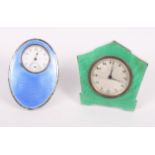 A silver and blue guilloche enamel strut clock with white enamel dial and subsidiary seconds dial