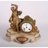 A French 19th Century gilt metal mounted mantel clock with drum movement and enamelled dial and