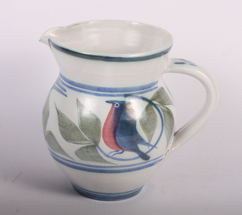 A Laurence McGowan stoneware jug with robin decoration, 8" high, a smaller companion jug, 5 1/2"