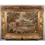 A 19th Century petit point panel, stately home with shepherd in foreground, 13 3/4" x 19", in gilt