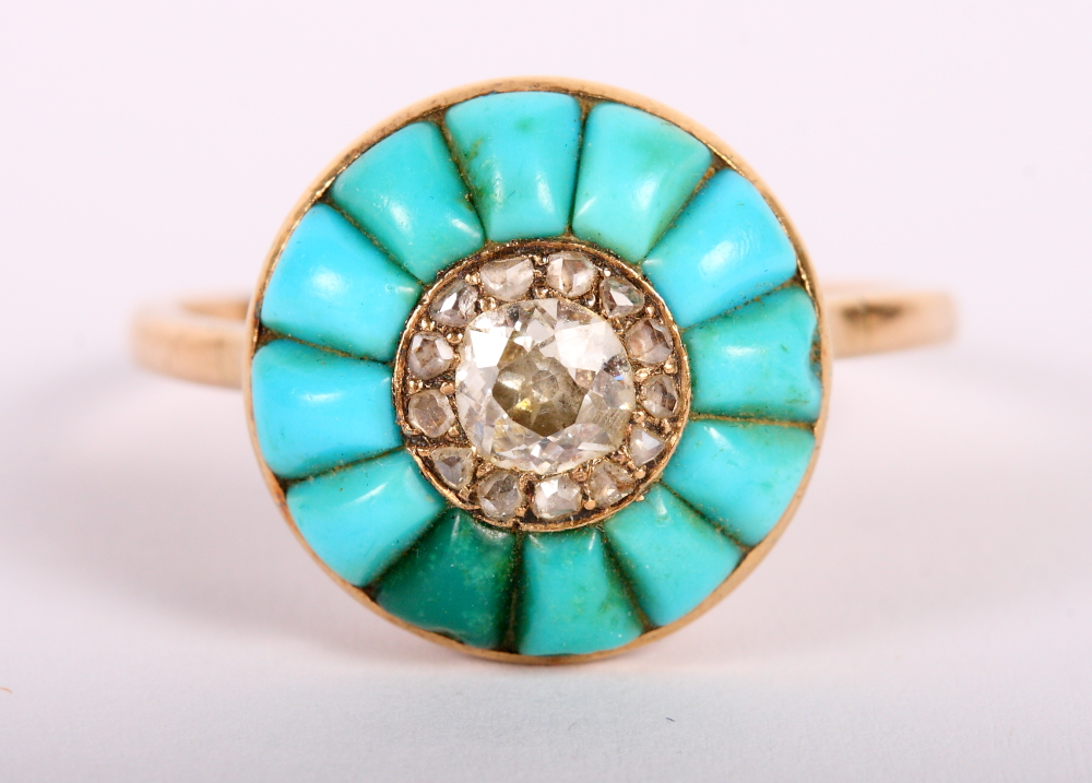 A 19th Century gold, diamond and turquoise cluster ring, size U