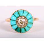 A 19th Century gold, diamond and turquoise cluster ring, size U