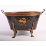 An oval black and gilt decorated two-handled toleware coal bin, 20" wide