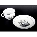 A New Hall tea cup and saucer with Adam Buck design, two continental tea cups and saucers and a