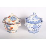 Two Mason's sauce tureens, a German porcelain figure of a seated lady and admirer, five Wedgwood