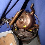 A copper helmet coal scuttle, a pair of bellows, a companion set and a warming pan, etc