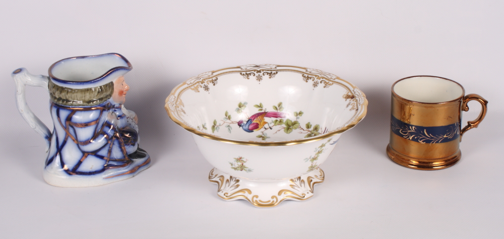 A Spode "Chelsea Bird" pattern pedestal bowl, a blue and copper lustre decorated Toby jug and a