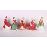 Five Royal Doulton china figures, "Autumn Breezes" HN1934, "Top o' the Hill" HN1834, "Nicole"
