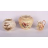 Two Royal Worcester globular vases, one decorated flowers, the other a robin, and a Royal