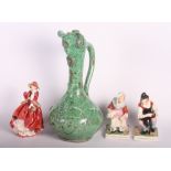 Two Staffordshire figures, one Royal Doulton figure, "Top o' the Hill", and a green majolica urn