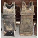 A pair of cream earthenware square chimney pots, sides moulded diamond design, largest 29" high