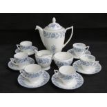 A Minton light blue Edinburgh pattern coffee set with six cups and saucers, coffee pot,