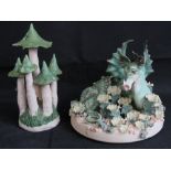 The Chessell Dragon by Sheila Francis. Together with a Cornwall made mushroom figurine. Each a/f.