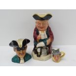 A musical Toby jug (23cm high) also a Dick Turpin character jug (12cm high) by Sylvac and another