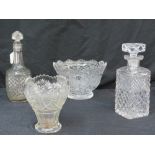 A moulded and engraved glass bowl, a rectangular spirit decanter with stopper,