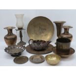 A quantity of decorative oriental brass wares, vases, bowls,