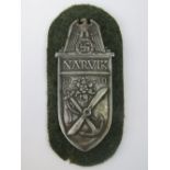 A Nazi "Narvik" shield dated "1940" on cloth backing; 9cm long.