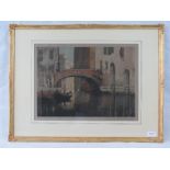 Print. Venetian scene gondola, wooden br