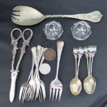 A small collection of plated flatware; g