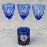 Three Bristol blue cut glass stem glasse