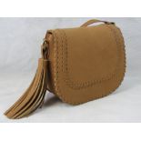 Handbag. Tan with woven/tassel design, shoulder strap, internal zip pocket and internal open pocket.